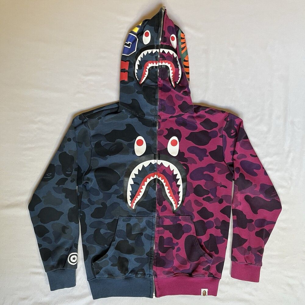 BATHING APE Shark Head BAPE Separate Camo Hoodie Men Size S Full Zip WGM Logo